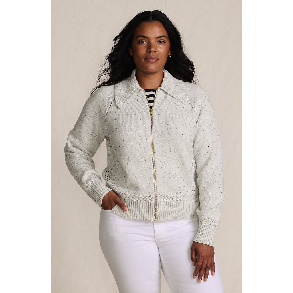 Lands' End Drifter Large Collar Zip Front Cardigan Sweater In White