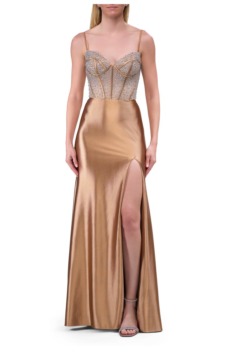 La Femme Rhinestone Corset Prom Dress with Stretch Satin Skirt, Main, color, Bronze