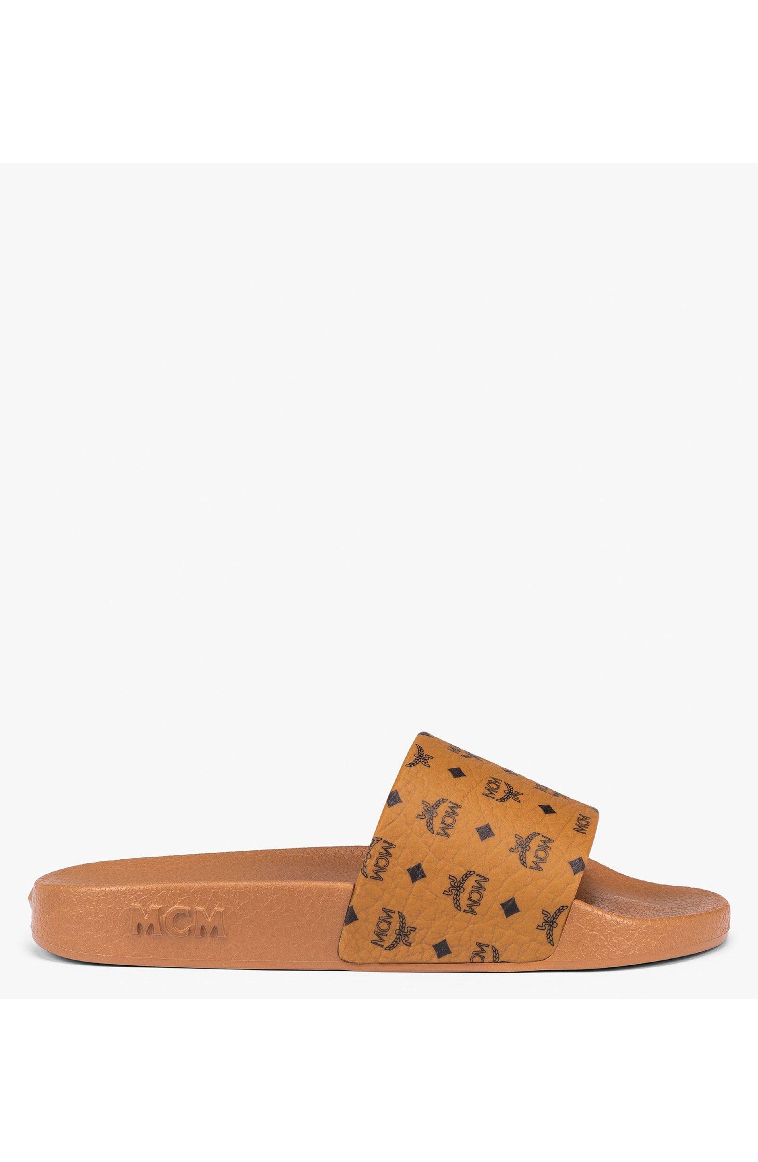MCM Male Monogram Print Rubber Slides, Alternate, color, Cognac