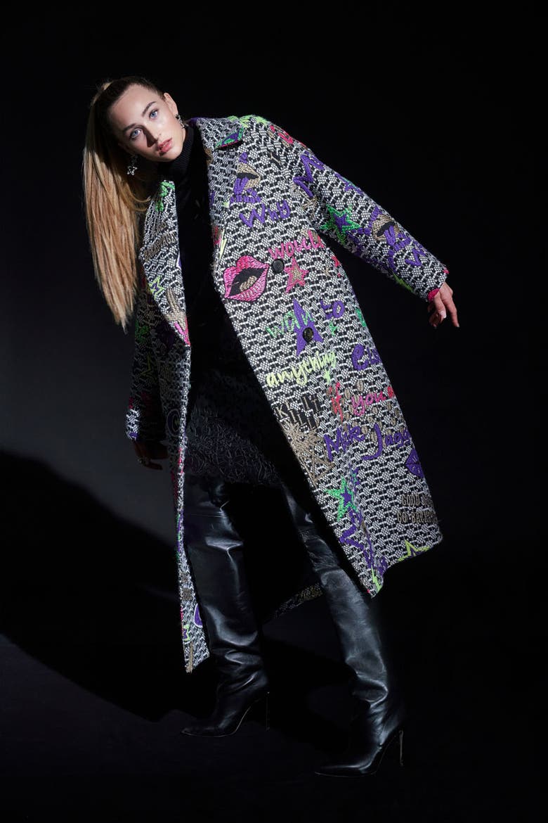 Long Tweed Jacquard Coat, Alternate, color, Black / Multicolour