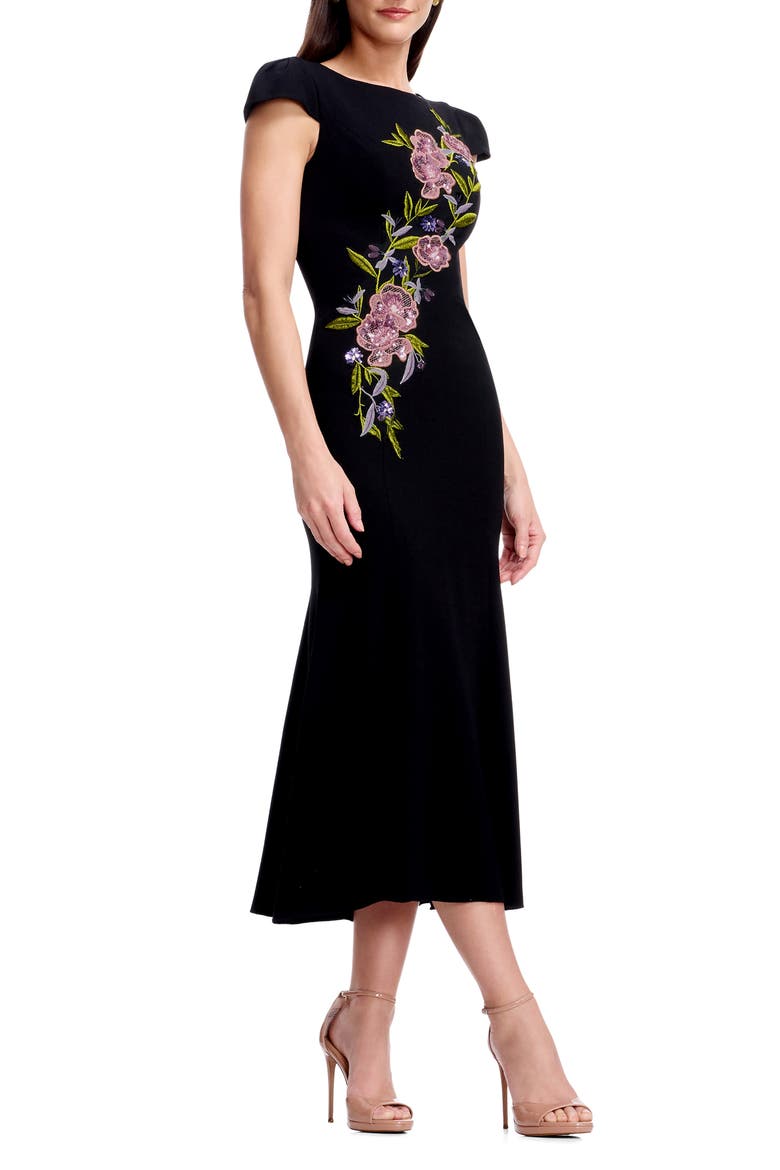 Sheryl Floral Appliqué Midi Cocktail Dress, Alternate, color, BLACK MULTI