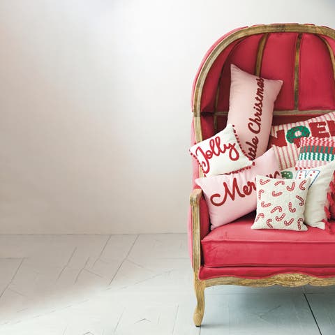 Embroidered Cotton Slub Lumbar Pillow, Merry Script