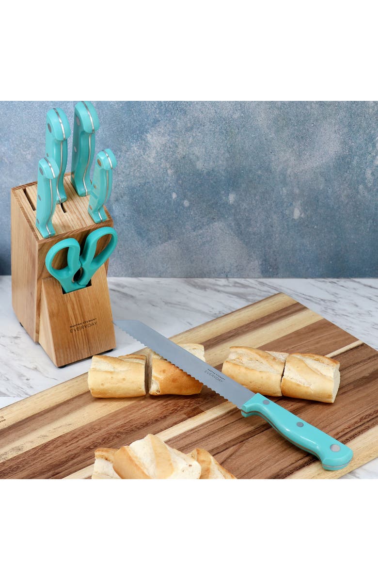 Martha Stewart Everyday Keswick 7 Piece Stainless Steel Cutlery and Wood Block Set, Alternate, color, Teal