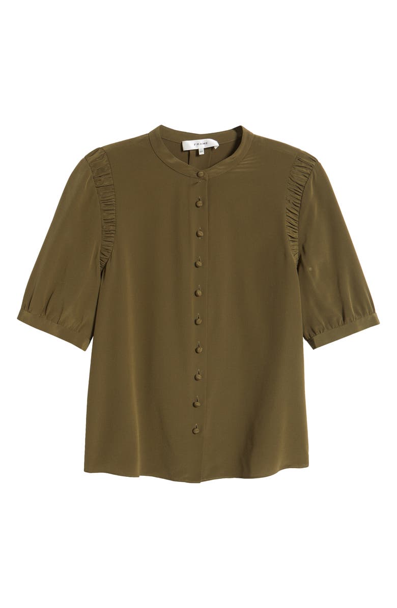 FRAME The Silk Gathered Short Sleeve Button-Up Shirt, Alternate, color, Juniper