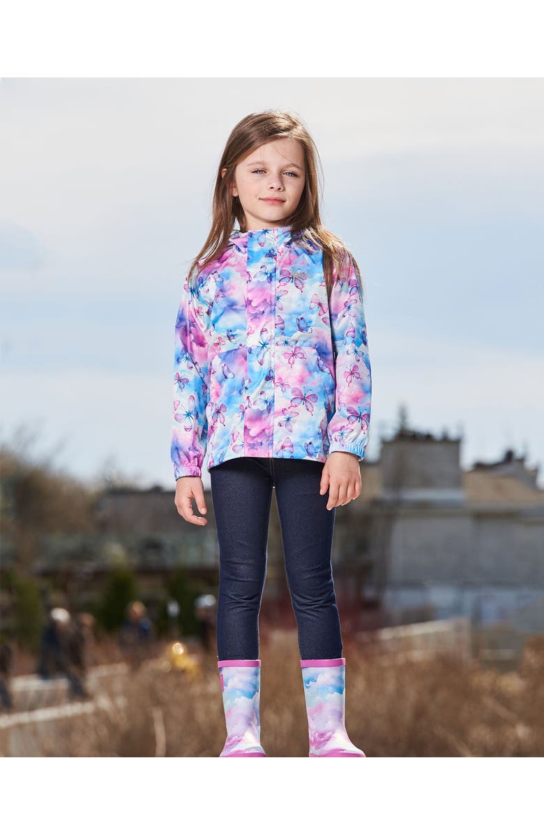 Deux par Deux Girl's Printed Packable Windbreaker Butterflies On Multicolored Background, Alternate, color, Butterflies On Multicolored