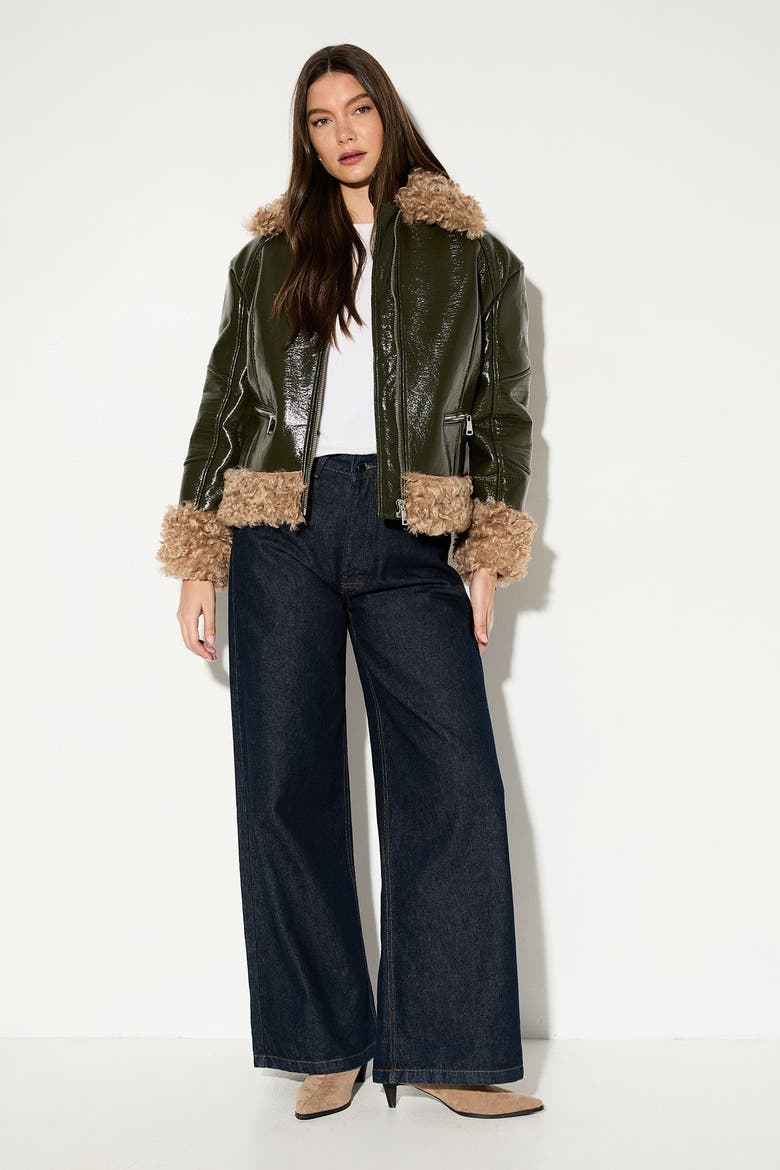 Premium Faux Fur Collar Aviator Jacket, Alternate, color, Olive