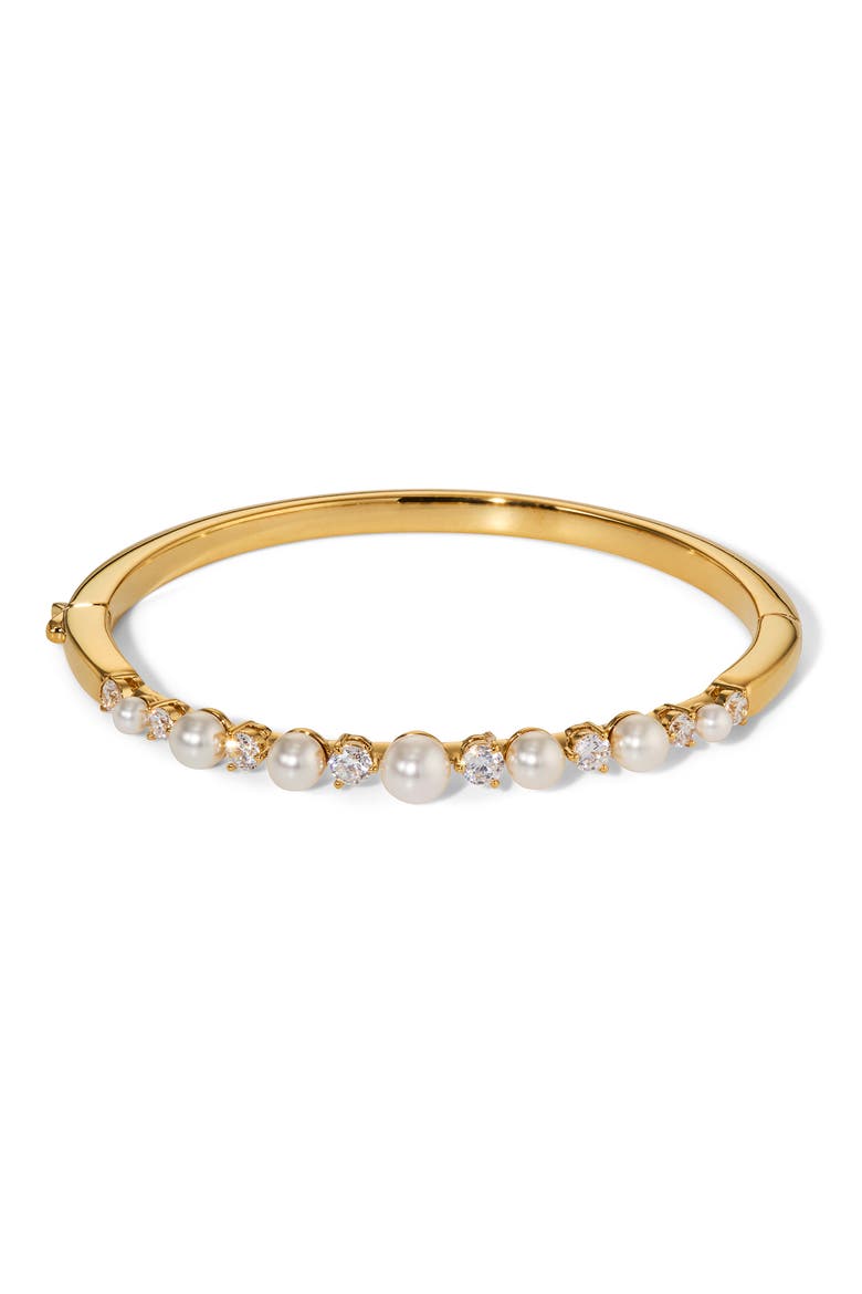 Cubic Zirconia & Faux Pearl Hinge Bangle Bracelet, Main, color, GOLD