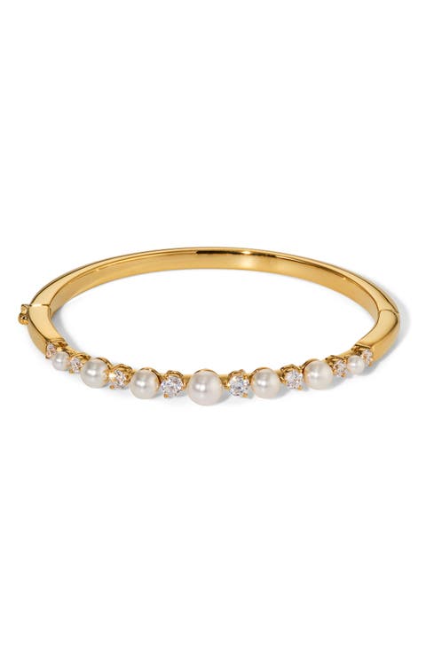 Cubic Zirconia & Faux Pearl Hinge Bangle Bracelet