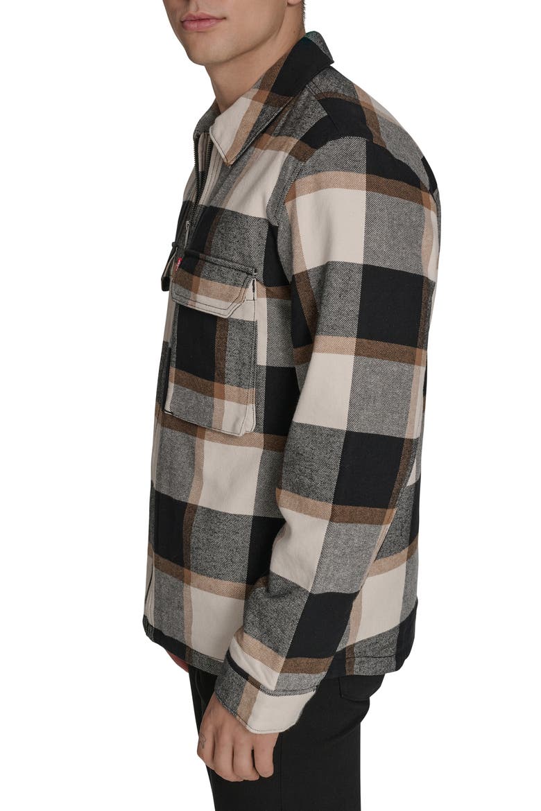 Insulated Plaid Cotton Flannel Zip-Up Shirt Jacket, Alternate, color, BLACK/ CARAMEL