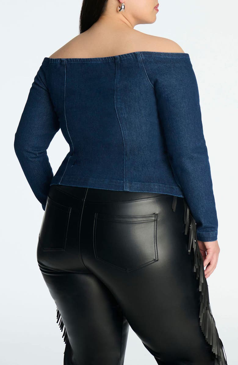 ELOQUII Denim Comfort Stretch Off the Shoulder Zip Front Top, Alternate, color, 