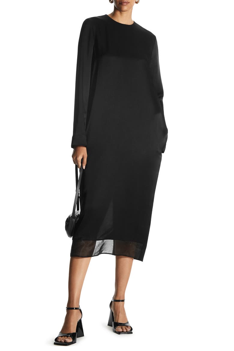 Organza Inset Long Sleeve Midi Dress, Main, color, BLACK