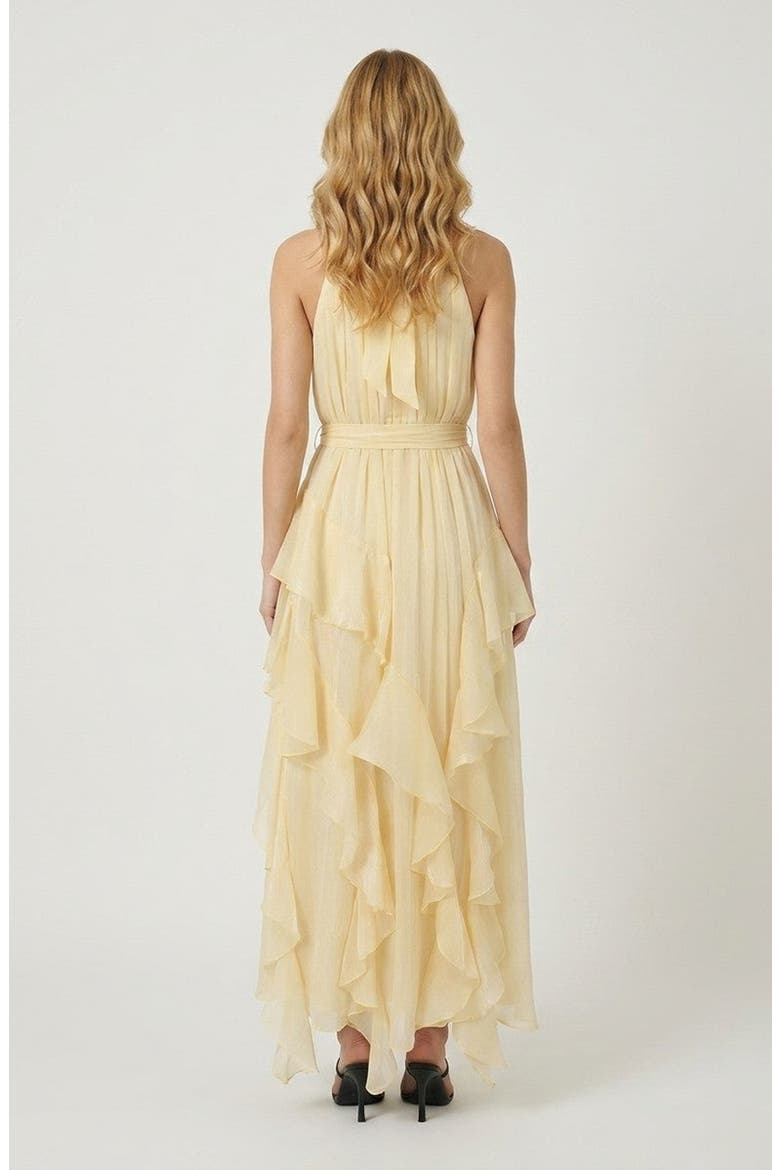 Halter Neck Ruffle Layer Waist Tie Maxi Dress, Alternate, color, Yellow