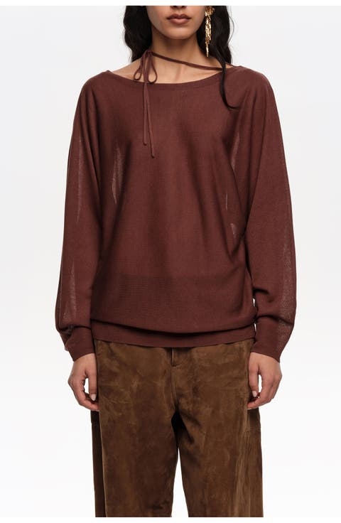Boat Neckline Crossover Ties Sweater