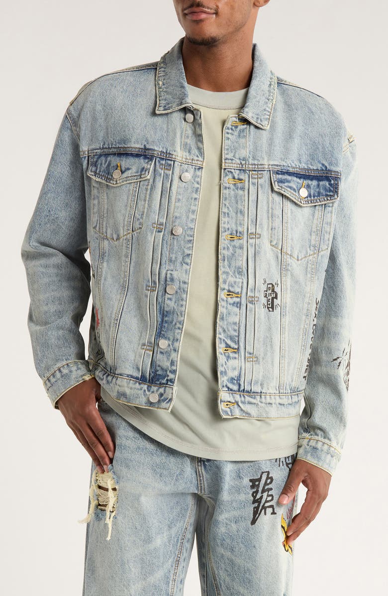DIET STARTS MONDAY Doodle Embroidered Distressed Denim Trucker Jacket, Main, color, Indigo