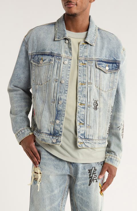Doodle Embroidered Distressed Denim Trucker Jacket