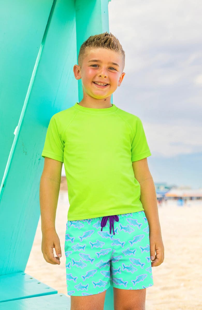Limeapple Boys Neon Sharks Print Board Shorts, Alternate, color, Multicolor
