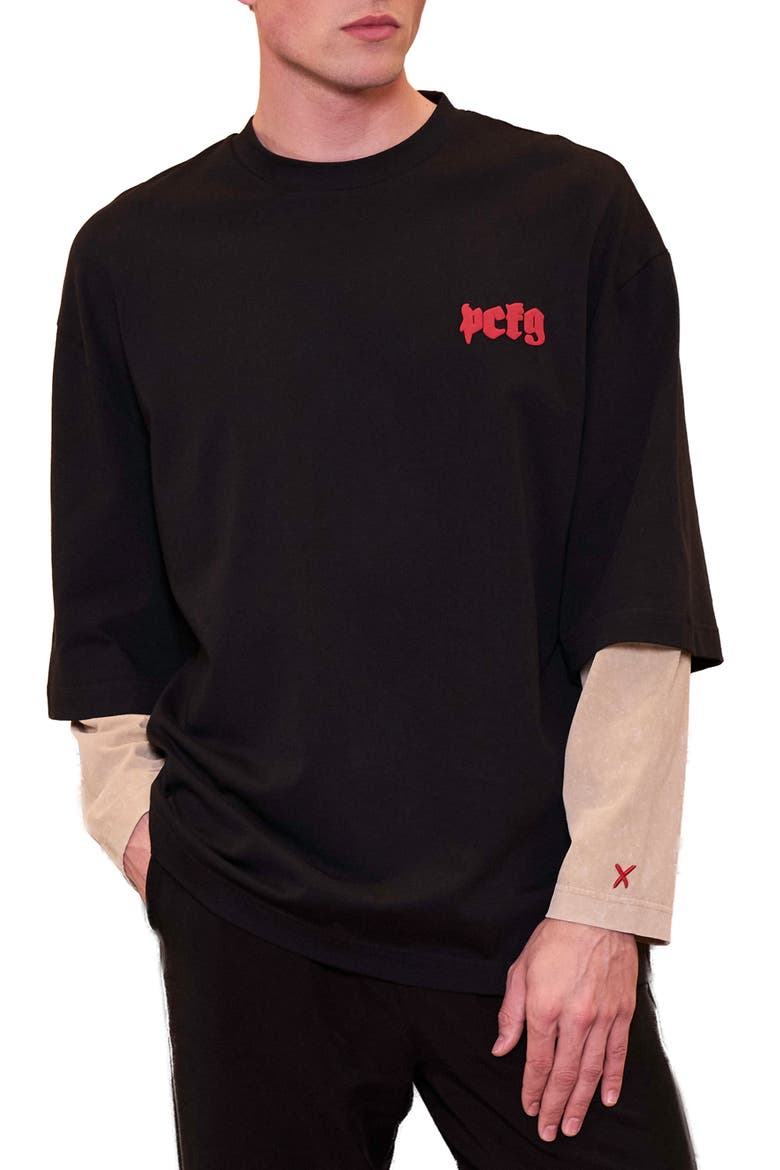 Daydreamers Printed T Shirt With Acid Wash Sleeves, Alternate, color, BLACK