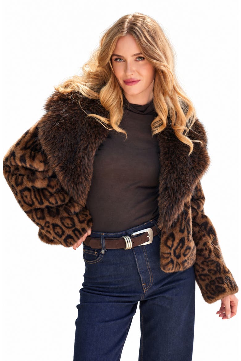 Leopard Printed Faux Fur Jacket, Alternate, color, DARK BROWN