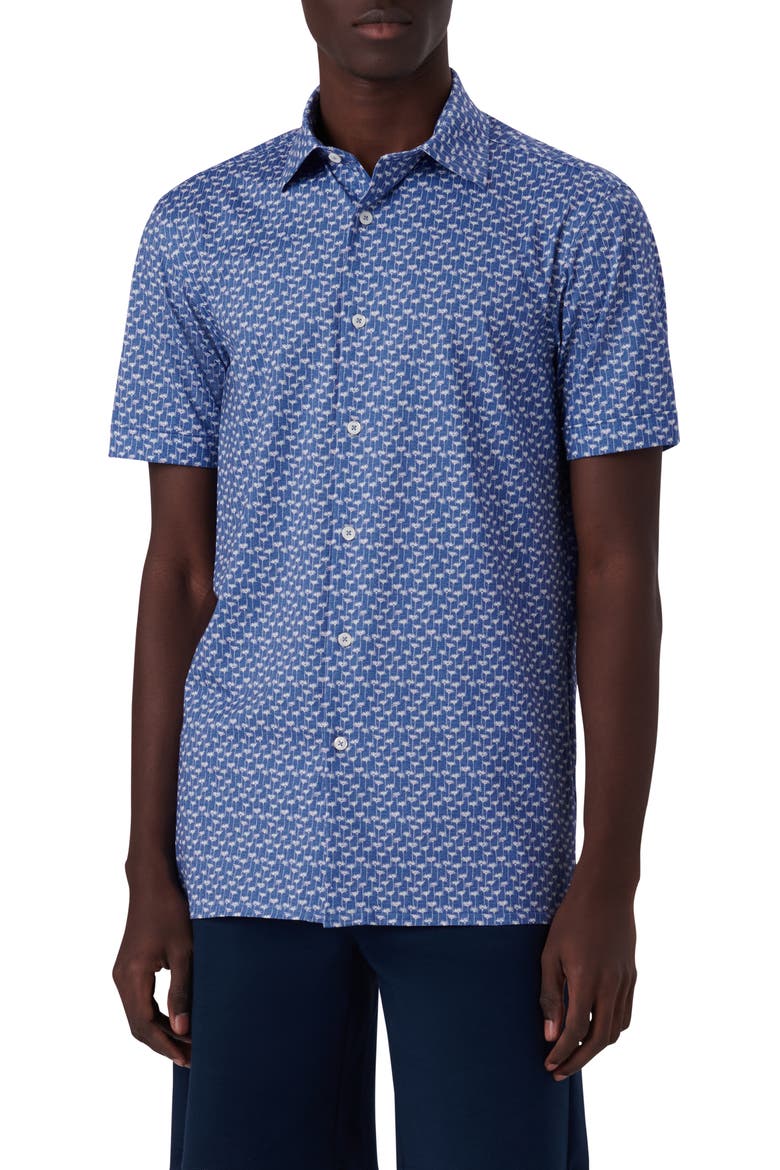 OoohCotton® Floral Print Short Sleeve Button-Up Shirt, Main, color, CLASSIC BLUE
