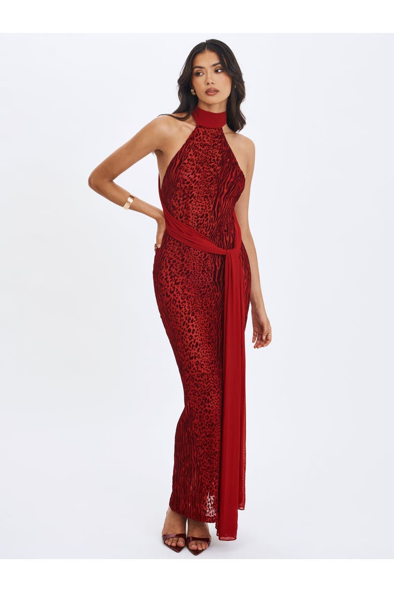 Cerise Burnout Velvet Multiwear Mesh Ribbon Maxi Dress, Alternate, color, Scarlet