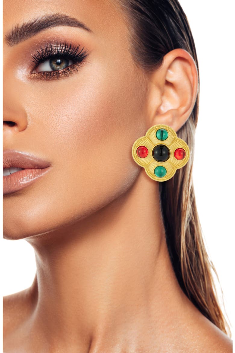 Resin Cabochon Quatrefoil Drop Earrings, Alternate, color, GOLD