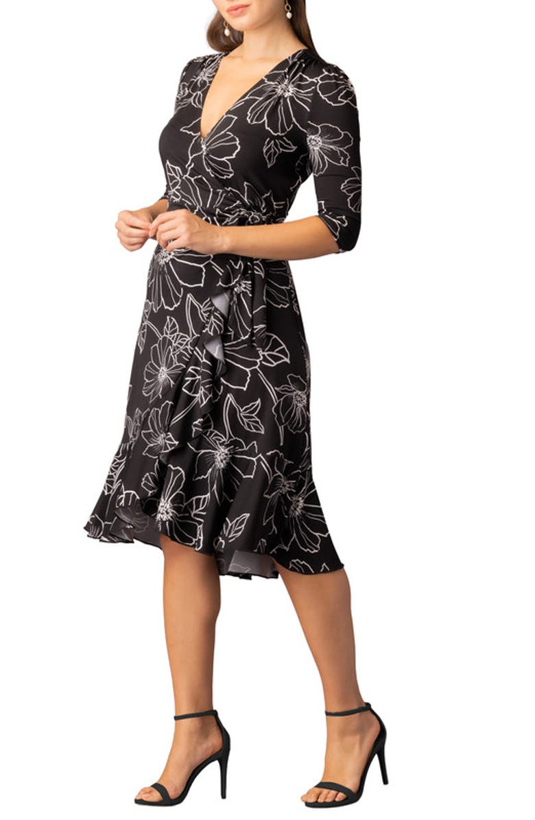Kiyonna Flirty Flounce Midi Wrap Dress with 3/4 Sleeves, Alternate, color, Black Florals