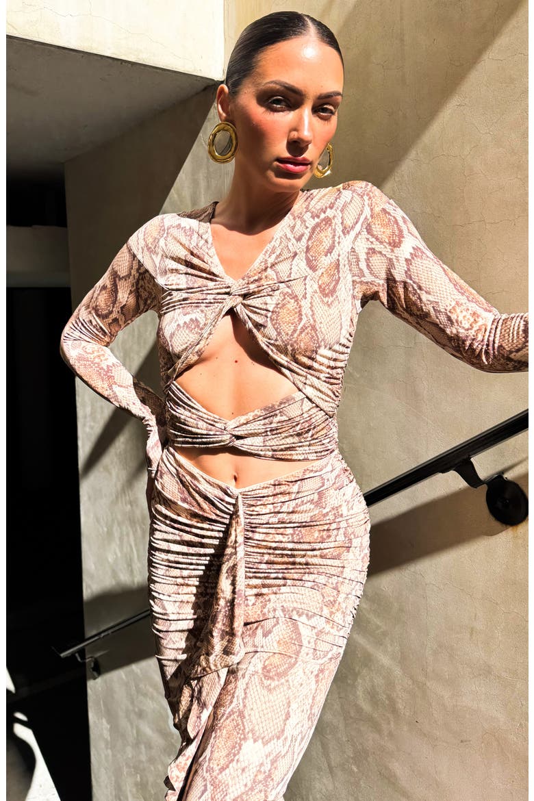 Whitney Ruched Cutout Crop Top, Alternate, color, SAND SNAKE