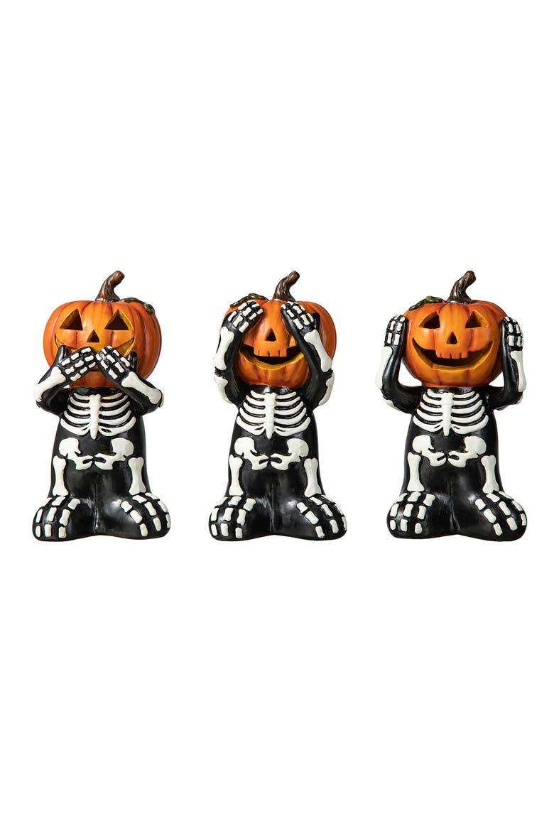 Set of 3 Halloween Resin Skeleton Pumpkin Table Decor, Alternate, color, Black