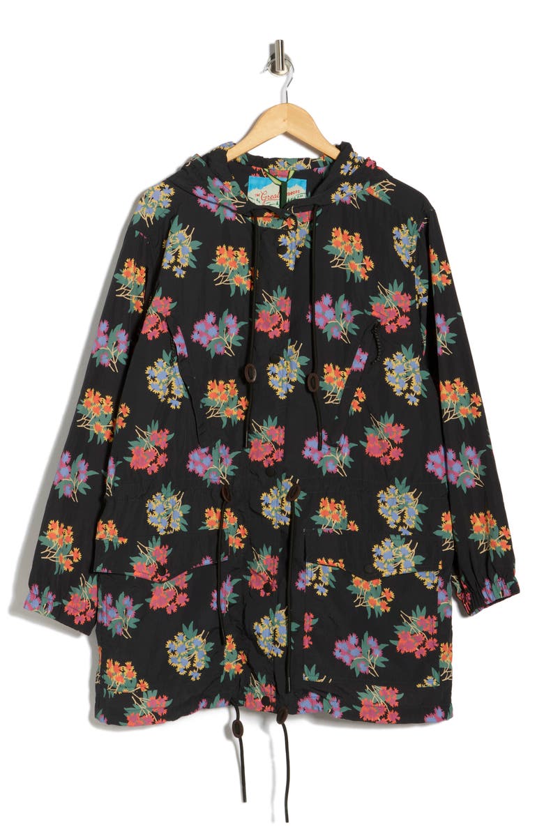 THE GREAT. The Rover Hooded Water Resistant Jacket, Main, color, Black Palisade Floral