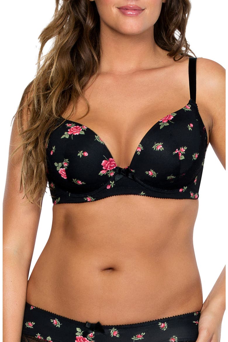 Plunge Underwire Molded Bra, Main, color, BLACK W ROSE PRINT