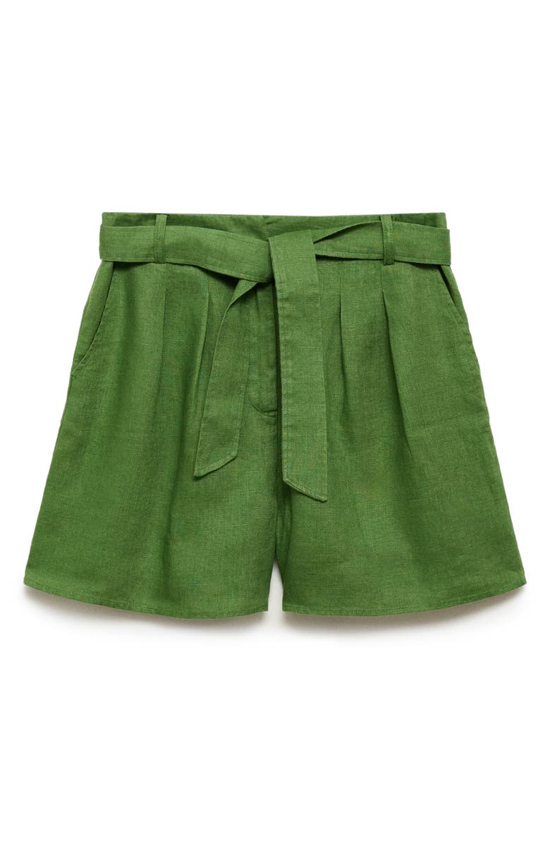 MANGO Belted Linen Shorts, Main, color, Green