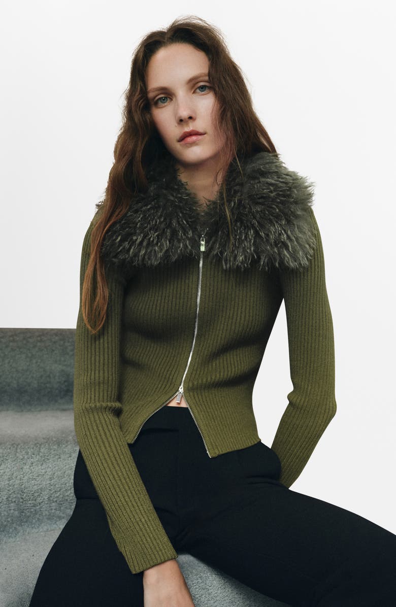 MANGO Faux Fur Collar Zip Cardigan, Alternate, color, 
