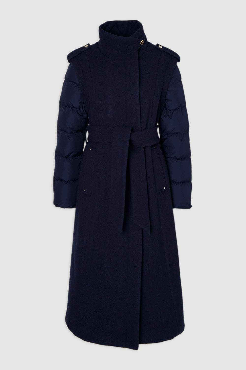 Wool High Neck Puffer Belted Midi Coat - image 2