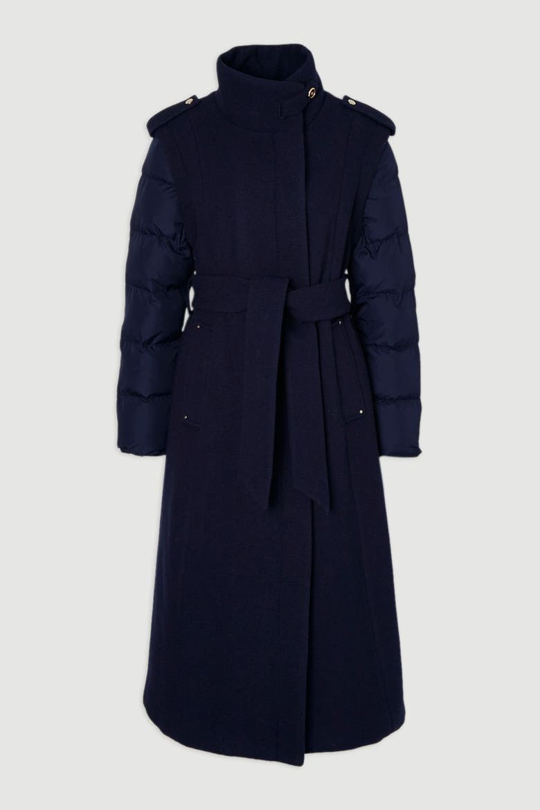 Wool High Neck Puffer Belted Midi Coat, Alternate, color, Navy