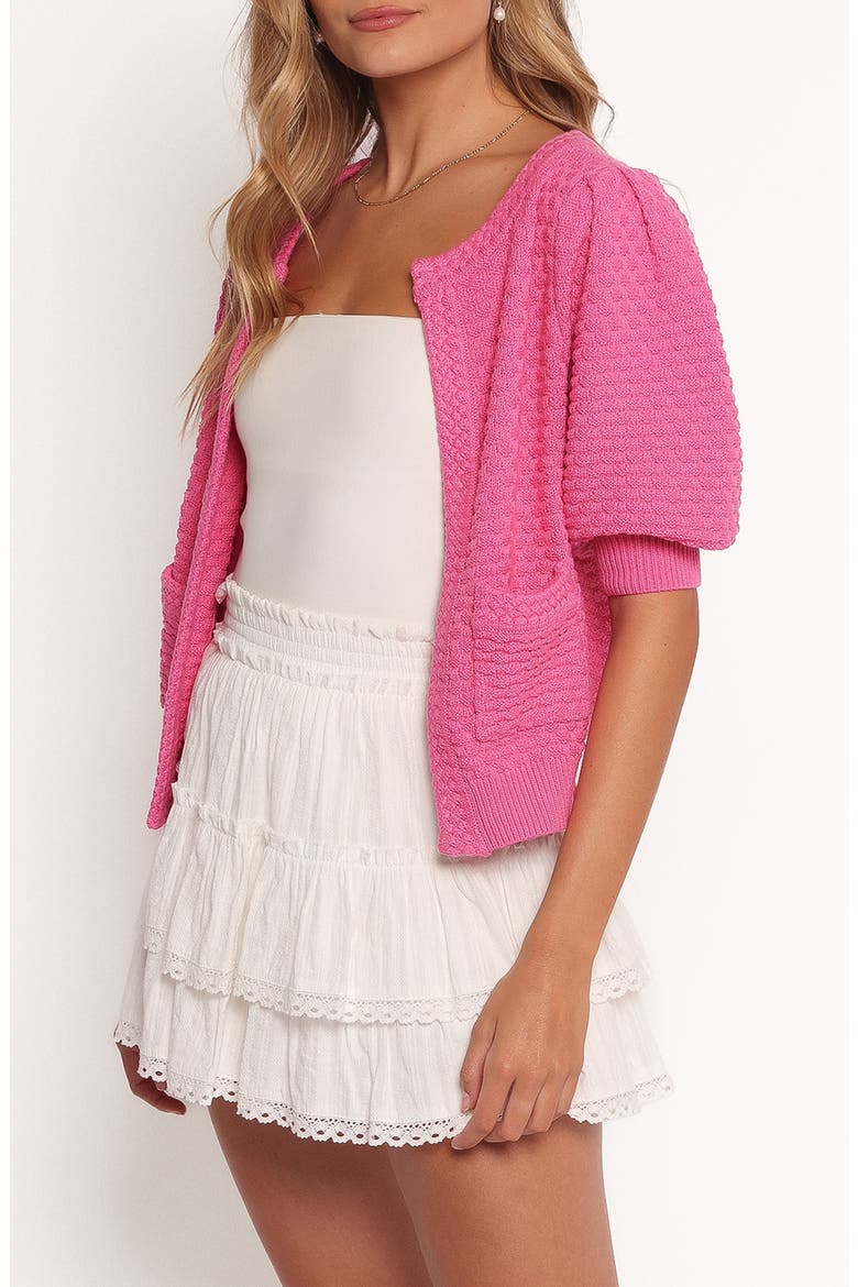 Greer Puffed Elbow Sleeve Cotton Cardigan, Alternate, color, HOT PINK