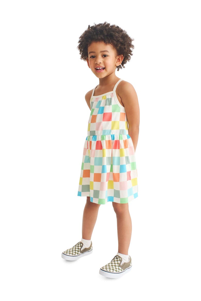 Kids Picnic Dress In Rainbow Patterns, Alternate, color, Ivory Rainbow Check
