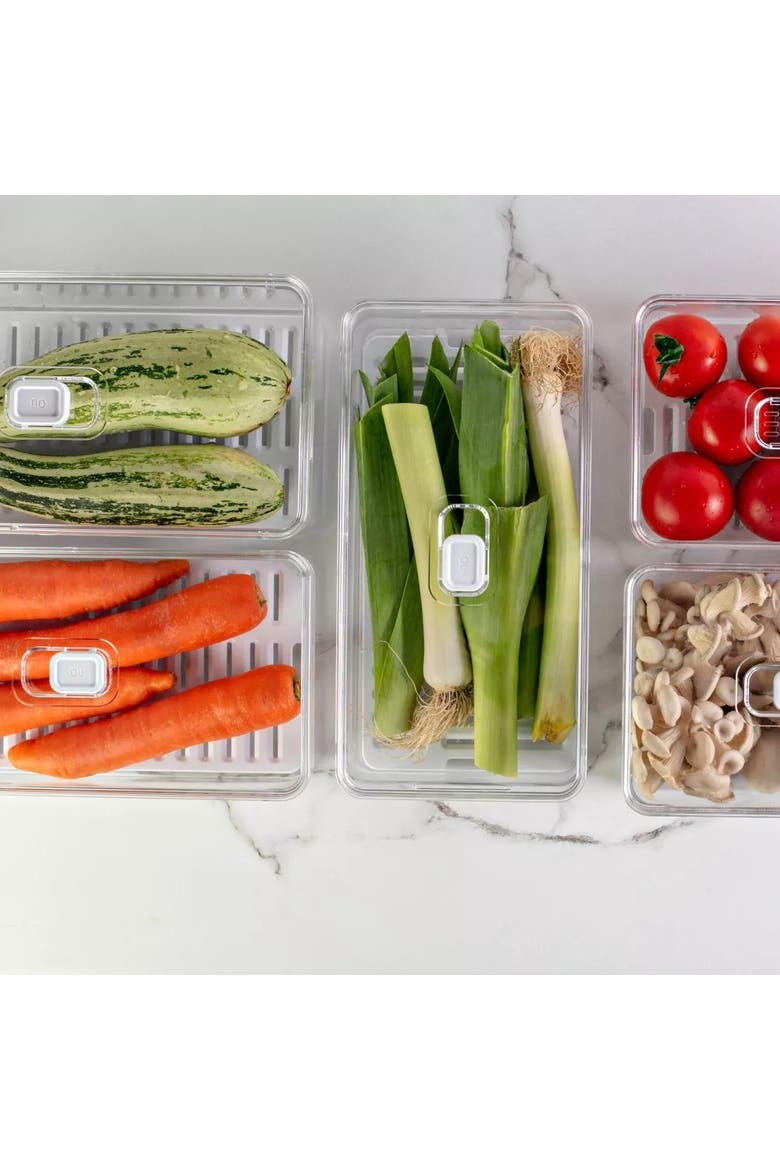 Clear Stackable Fridge Organizer Bin with Drain Tray and Vented Lid, 5 Pack, Alternate, color, Clear with White Drainer