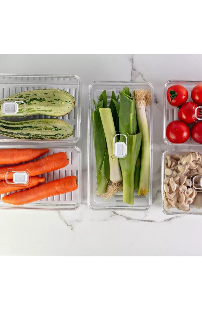 OU Clear Stackable Fridge Organizer Bin with Drain Tray and Vented Lid, 5 Pack, Alternate, color, Clear With White Drainer