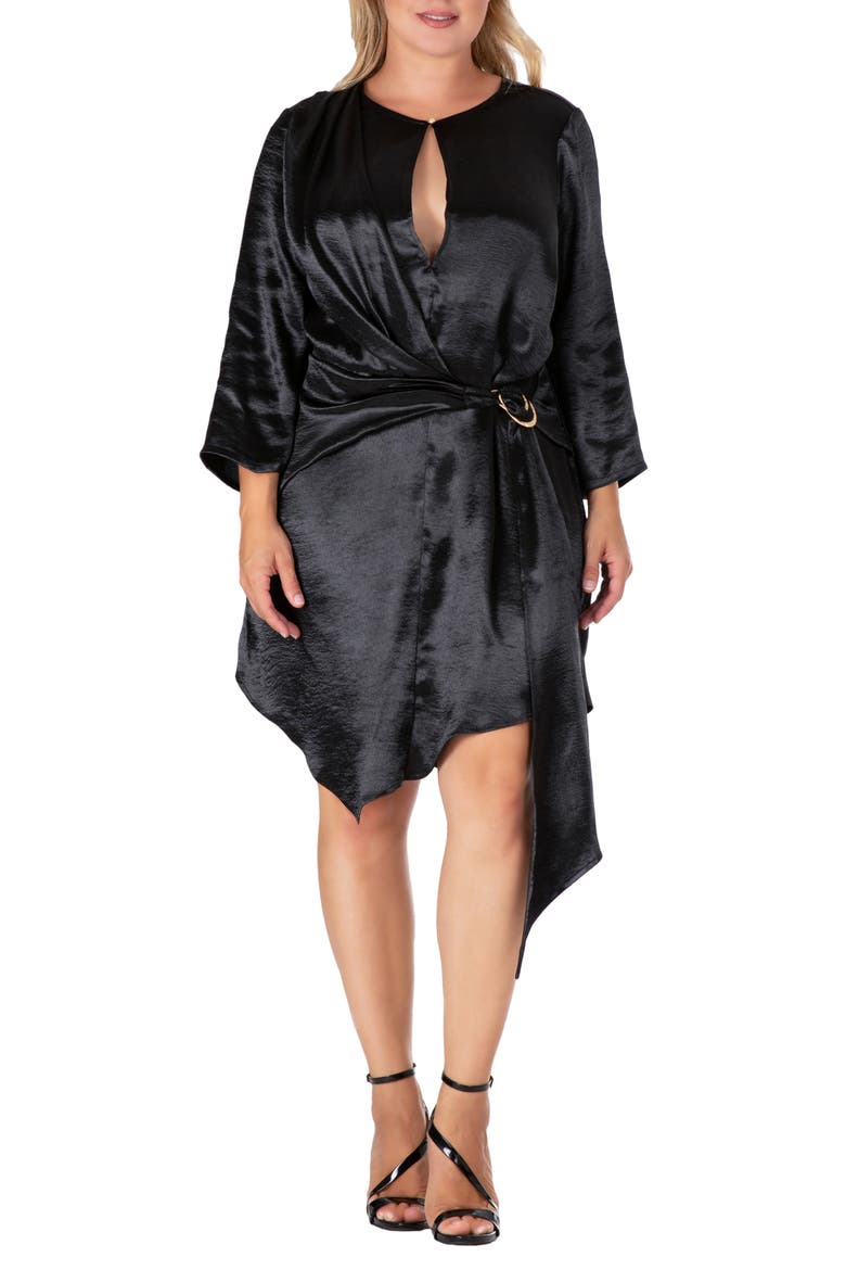 Long Sleeve Asymmetric Satin Dress, Alternate, color, BLACK