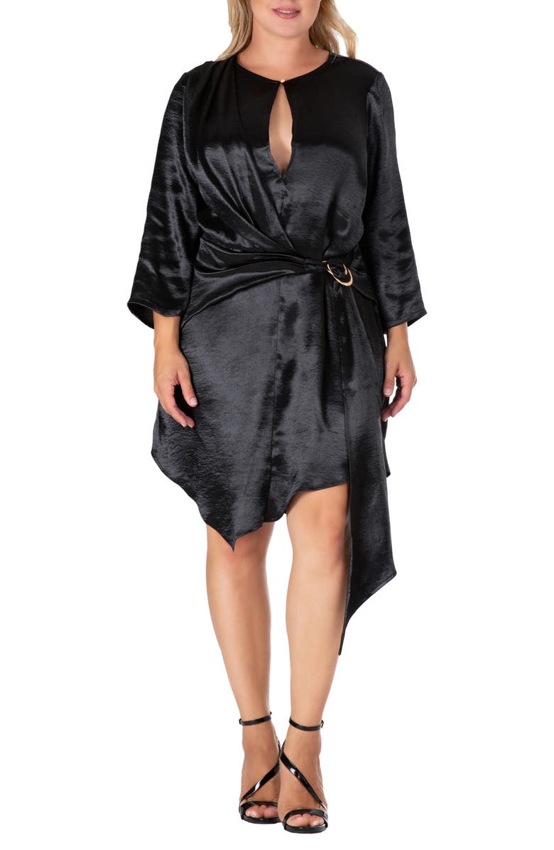Standards & Practices Long Sleeve Asymmetric Satin Dress, Alternate, color, Black