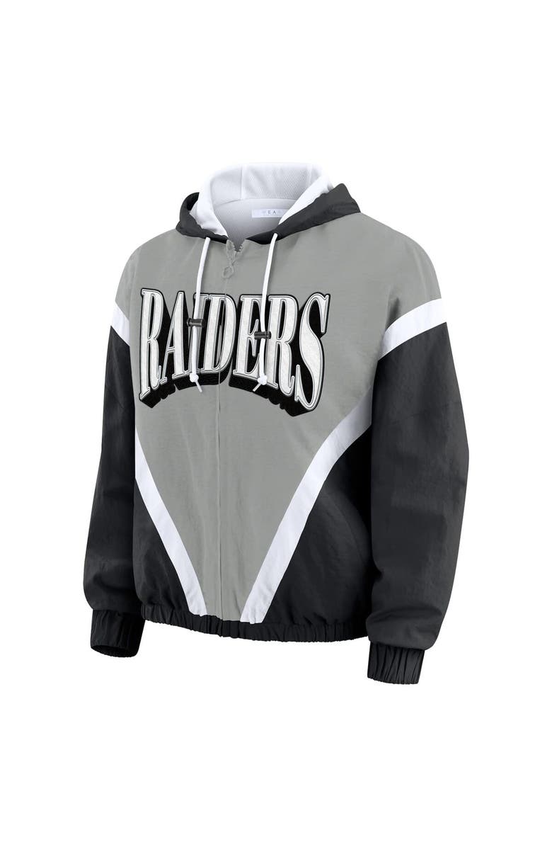 WEAR by Erin Andrews Women's WEAR by Erin Andrews Black/Silver Las Vegas Raiders Retro Crinkle Full-Zip Hoodie Windbreaker, Alternate, color, Black