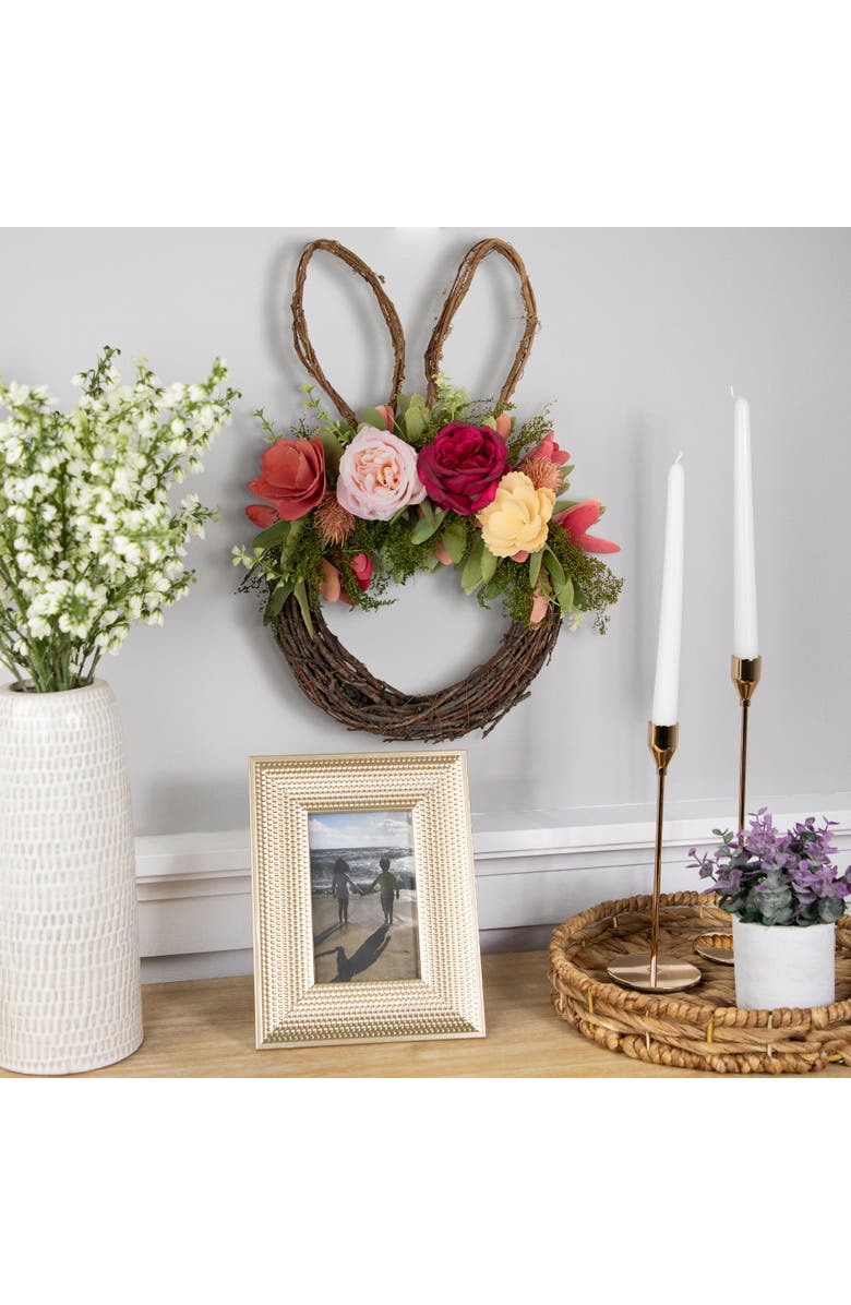 Northlight Wooden Floral Easter Bunny Ears Twig Wreath - 15", Alternate, color, Pink