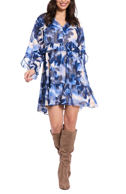 Floral Ruffle Long Sleeve A-Line Dress