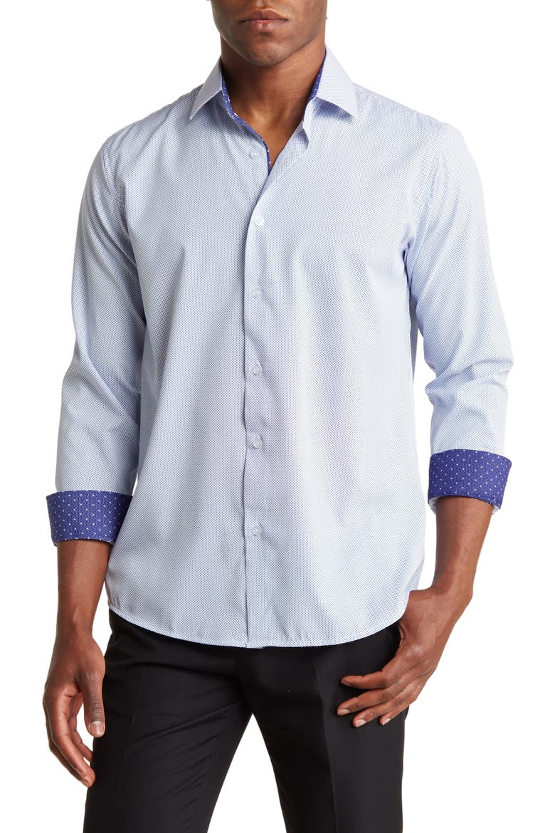 Regular Fit Performance Stretch Long Sleeve Button Front Shirt, Main, color, BLUE DOT