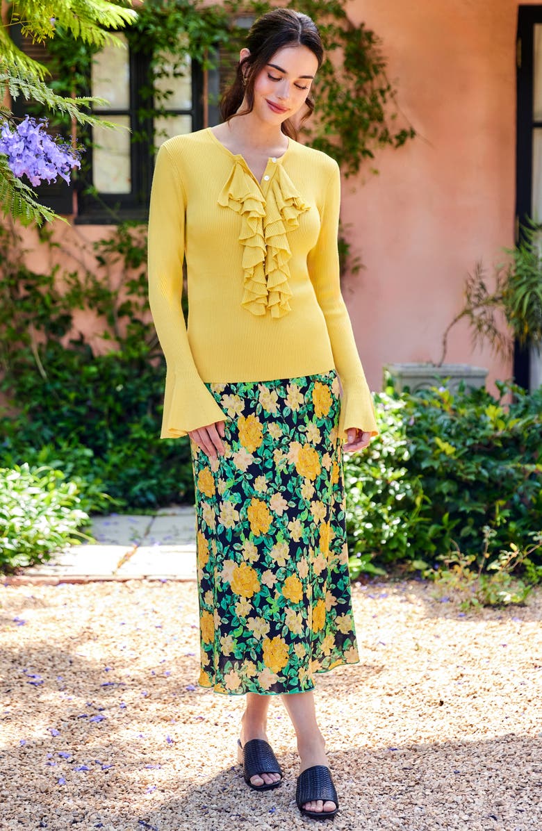 Karen Kane Floral Print Bias Cut Midi Skirt, Alternate, color, Yellow Floral