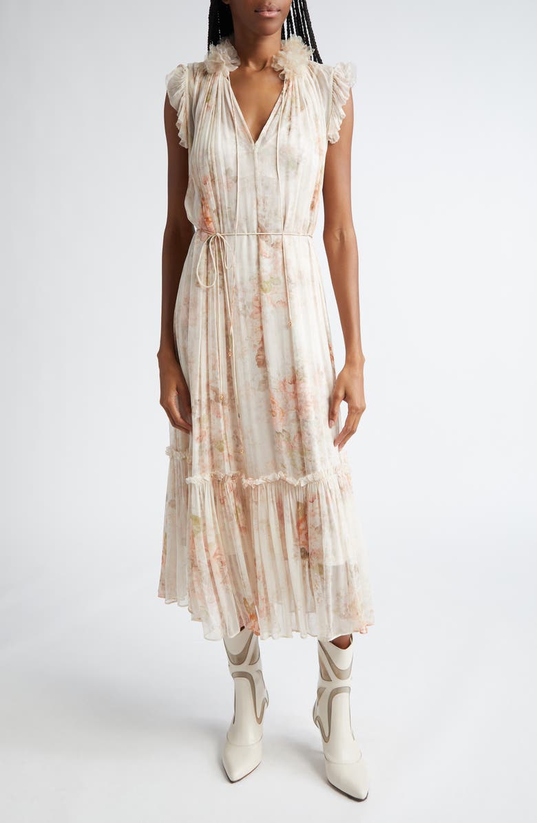 Zimmermann Illustration Floral Flutter Chiffon Midi Dress, Main, color, 