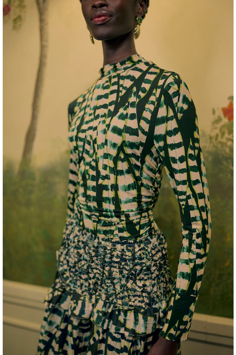 Striped Leaves Smocked Long Sleeve Top, Alternate, color, STRIPED LEAVES MOSS