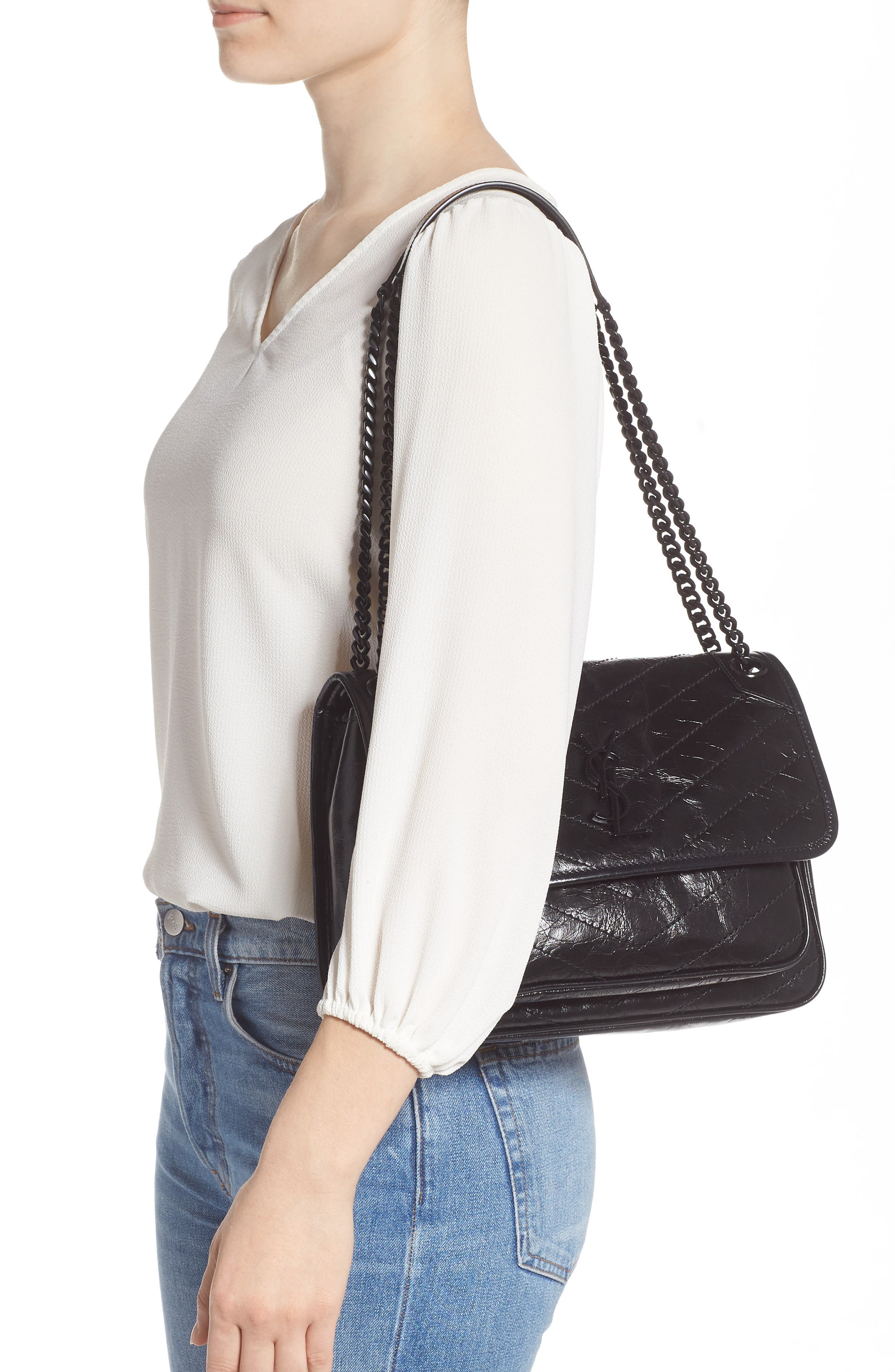 Saint Laurent Medium Niki Leather Shoulder Bag, Alternate, color, Noir