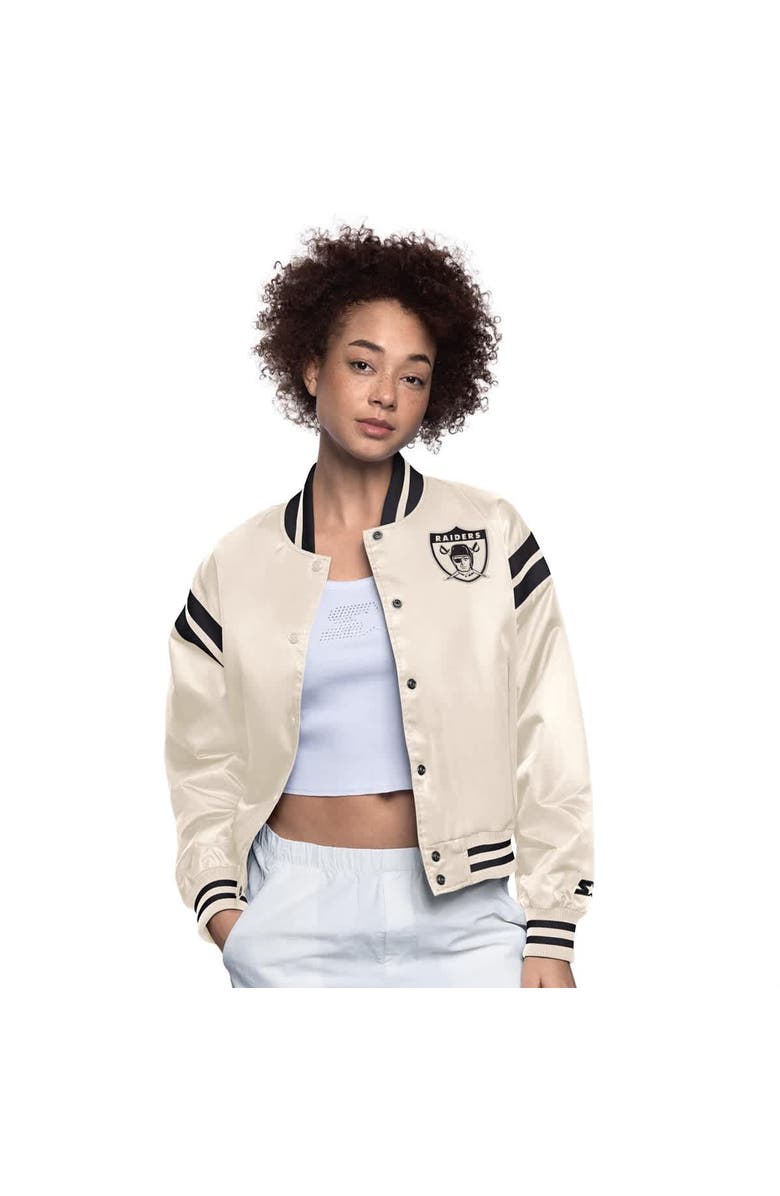 STARTER Women's Starter Cream Oakland Raiders Gridiron Classics Full Count Full-Snap Satin Jacket, Main, color, Cream
