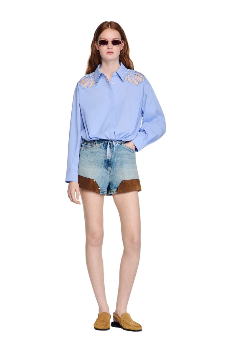 SANDRO Embroidered cotton shirt, Alternate, color, Sky Blue
